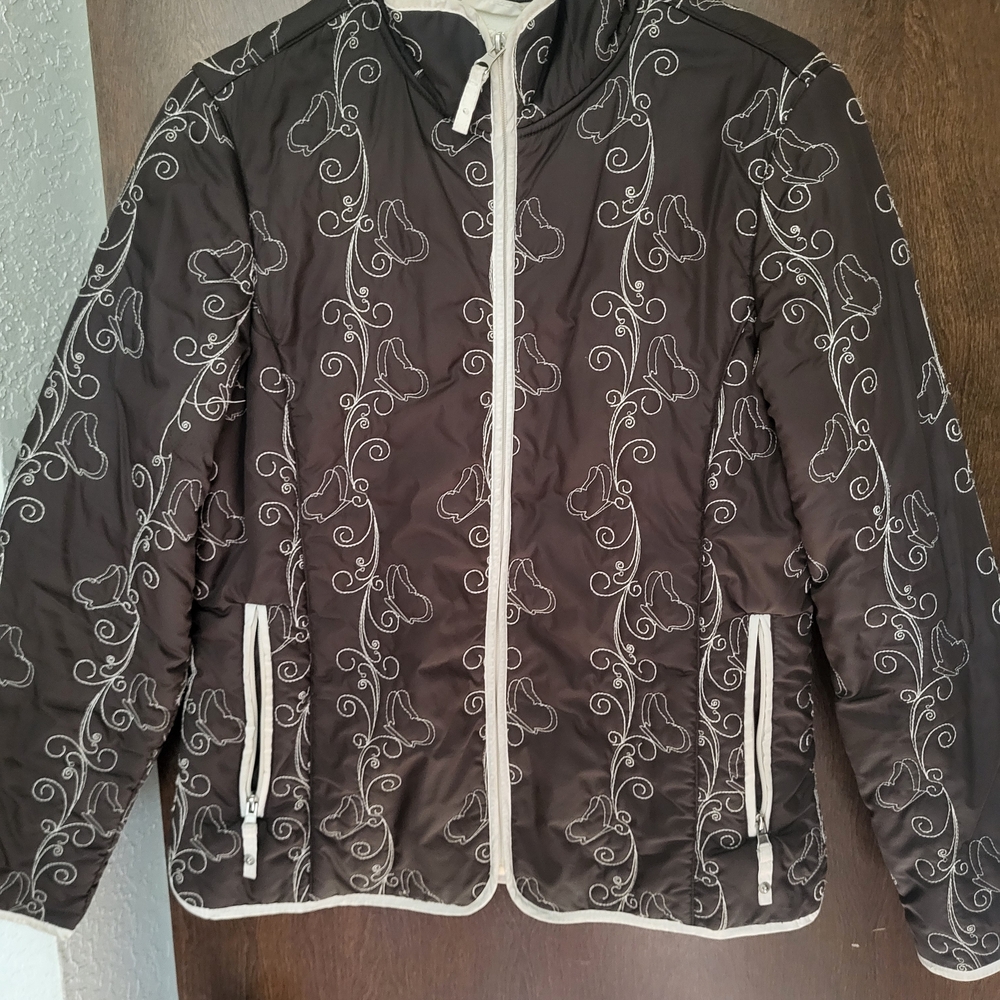 Free Country Brown and Off-White Embroidered Puffer Jacket